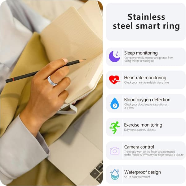 Smart ring med aktivitetsmåler, funksjoner som skritteller, søvnmonitor, vanntett og lang batteritid, kompatibel med iOS og Android. silver_max silver No. 8