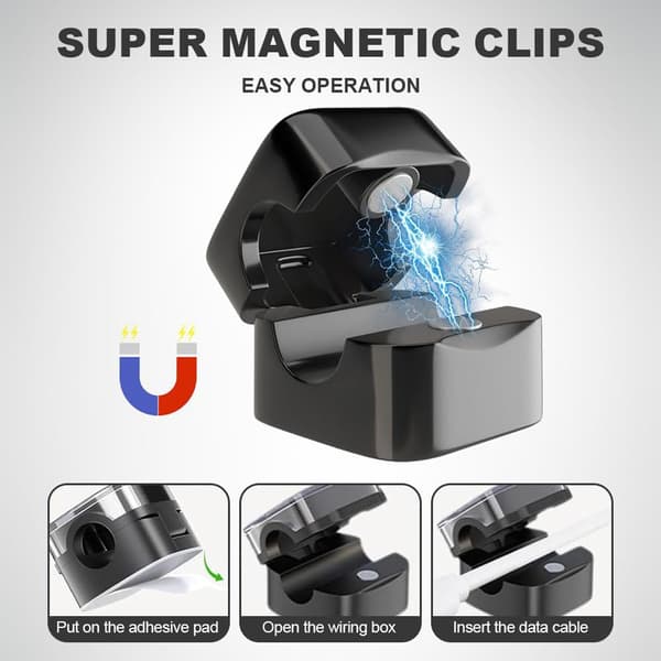 Magnetisk Kabelarrangör, 6-pack, Justerbar Kabelhållare med Självhäftande Klipp black