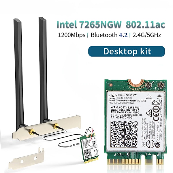 WiFi-adapter Intel 7265 1200Mbps Bluetooth 4.2 M.2 Desktop Kit Dual Band 2.4G 5G trådløst kort til PC Laptop AC7265 Desktop Kit