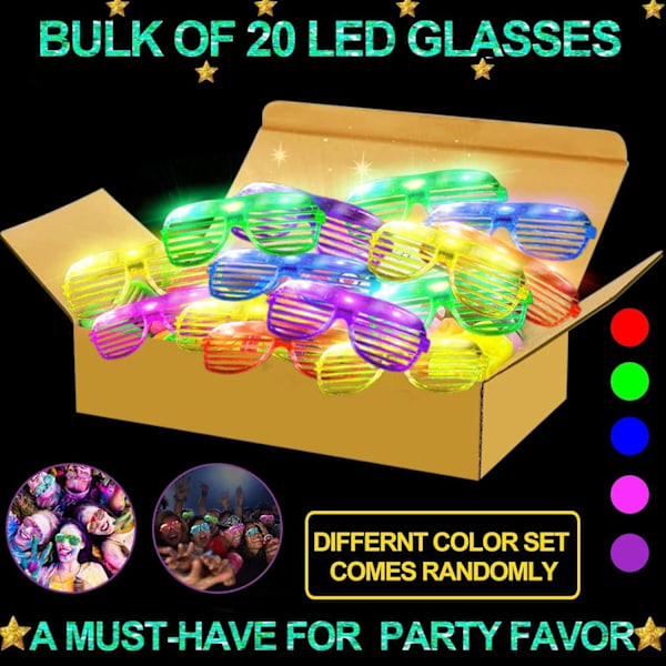 20-pak LED-briller til Halloween, Lysende Shutter Shades Party-gaver Multi Color