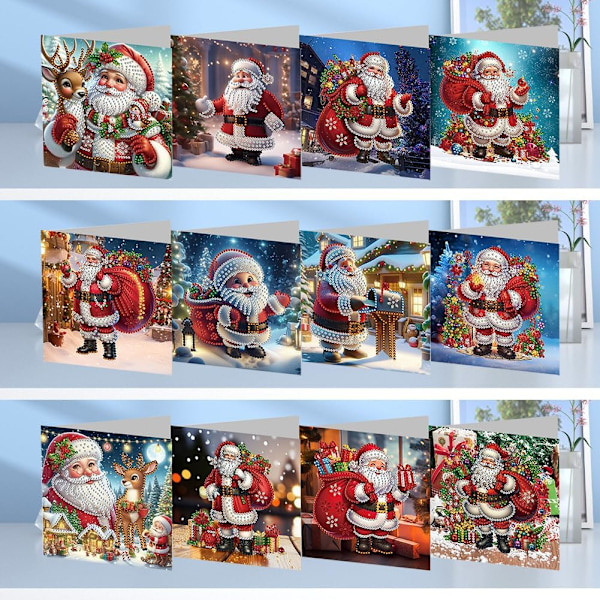 DIY Diamantkonst Julgranskort Kit, 12/8/6/4 Pack, Handgjorda Semesterkort HK049