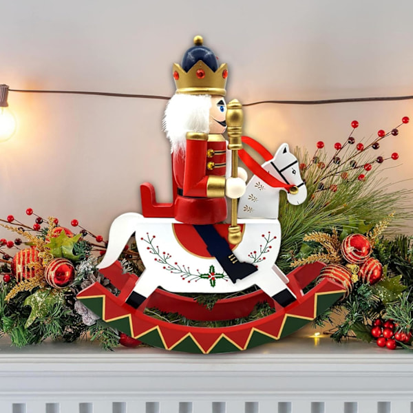 12\" Træ Nøddeknækker Vippehest Julepynt, Traditionel A