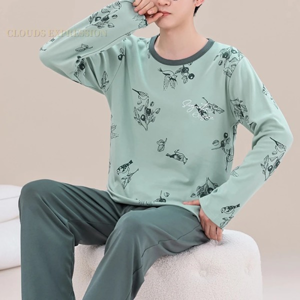 Vår Höst Plus 5Xl Stickade Mäns Sovkläder Brev Lattice Pyjamas Plaid Pyjamas Sets Casual Sets Loungewear Pyjamas Natt Mode M1 4XL ASIAN(95-105Kg)