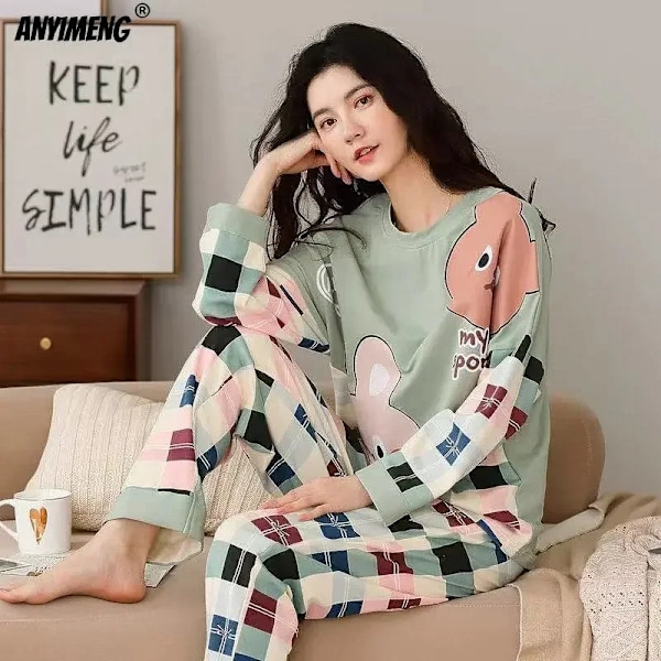 M-5Xl Stor Storlek Hösten Vår Pyjamas Set För Kvinnor Kawaii Tryckning Sömnkläder För Tjej Mode Lång Ärm O. Nack Kvinnas Pijamas 9 XXL 63-70KG