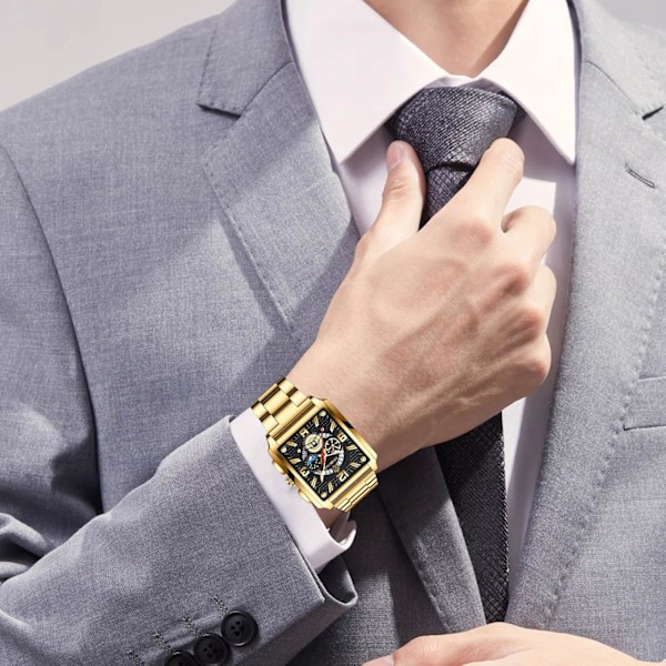 Rektangulära Herrarmbandsklockor Mode Analog Kvarts Armbandsur Herrar Business Vattentäta Klockor Lysande Rostfritt Stål Armband För Män Guld Gold