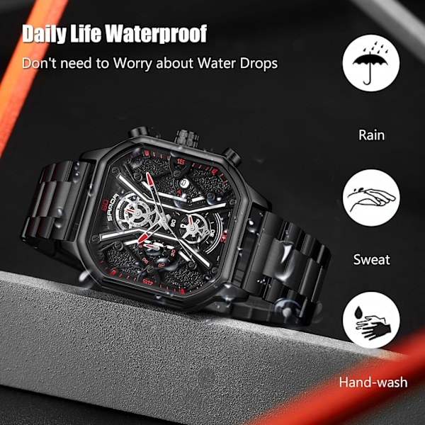 Herrar Business Rostfritt Stål Klocka Luminous Analog Armbandsur Multifunktionell Chronograph Klocka Mode Kvadratisk Klocka Svart Röd C Black Red C