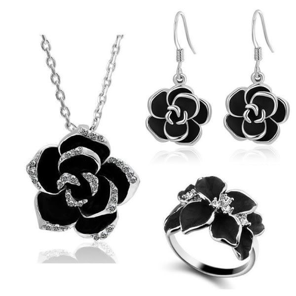Vacker svart ros camellia halsband örhängen set tyg litet fräscht hänge kvinnor