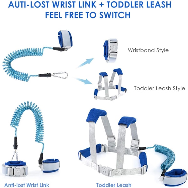 Anti-Lost Toddler Håndledsrem med Nøglelås, Reflekterende Sikkerhedssele til Drenge/Piger, Blå, 2-pak BLUE