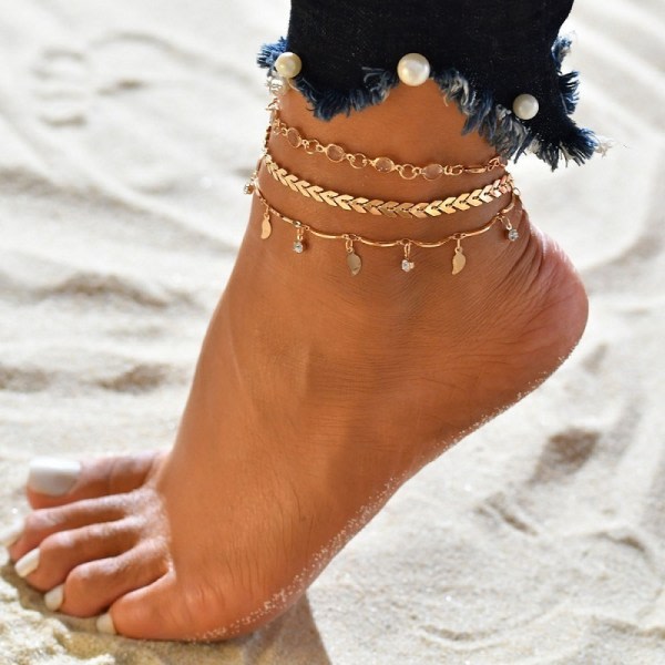 Beach Multi Layered Feet Chain Damer Premium Glas Slät gyllene