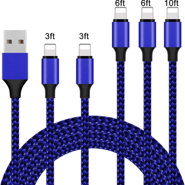 CQBB Laddare i en låda, kabel 10Ft x 1 6Ft x 2 3Ft x 2 flätad kabel Kompatibel iPhone-kabel Datasynkkabel - Svart och Blå