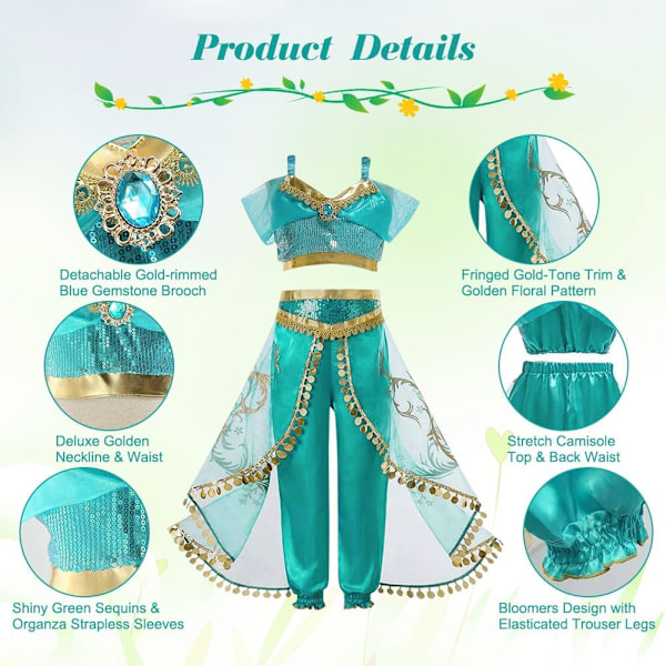 Jasmine Prinsessdräkt, Festkläder Set med Peruk för Födelsedag & Halloween Evenemang 140CM
