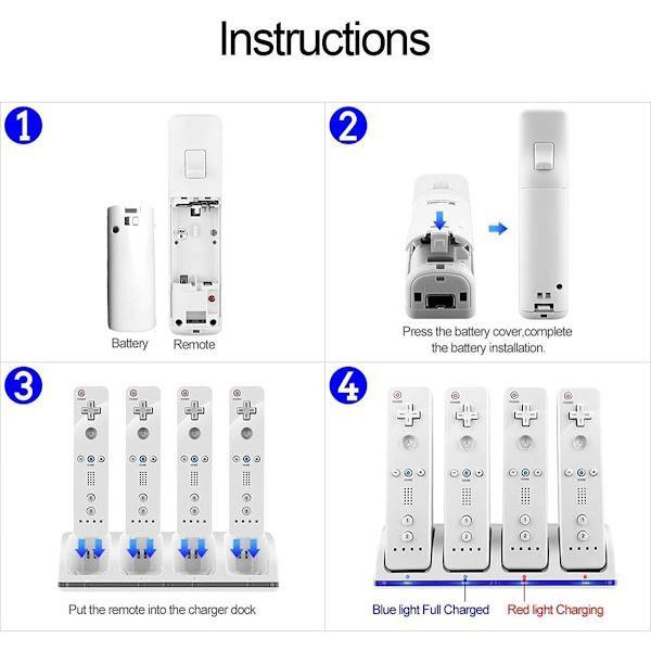 Wii Controller Lade Station, 4 i 1 Controller Lade Dock med 4 stk. 2800mAh Genopladelige Batteripakker til Wii/Wii U Spil Fjernbetjening Hvid White