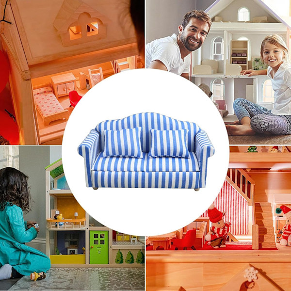 Nukkekotisohva tyynyllä - 1:12 mittakaavan miniatyyri punainen ja valkoinen raidallinen huonekalu lapsille Blue double sofa