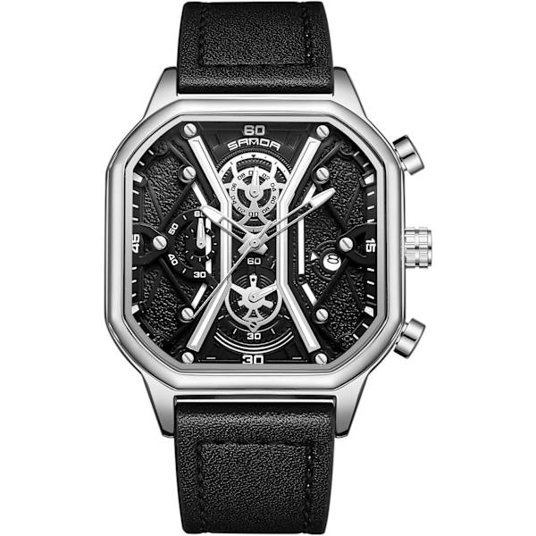 Herrar Business Rostfritt Stål Klocka Luminous Analog Armbandsur Multifunktionell Chronograf Klocka Mode Kvadratisk Klocka Svart Silver A Black silver A