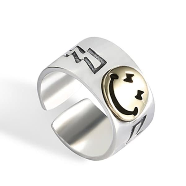Ring med Smiley-ansigt Sølv, Åben Ring Justerbar Bredde, Smiley-ring-max