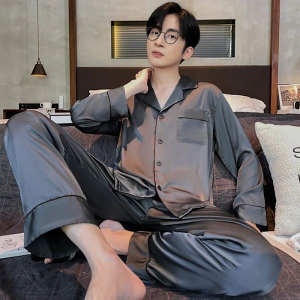 Miesten Pyjama 2 Kpl Kevät- ja Syysmalli Jääsiikistä Pitkähihainen Pyjama Kotikäyttöön Uusi Kesä Miesten Silkkimainen Sininen L(50-60kg)