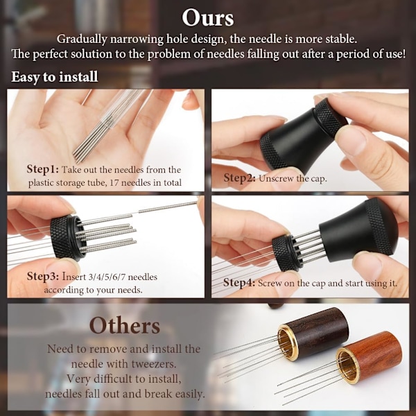 WDT-verktøy Aluminiumslegering Kaffeomrører Distributør 7 Nåler 0,3 mm + 10 Erstatningsboller Espresso-nål med Holder Espresso Kaffe Blender