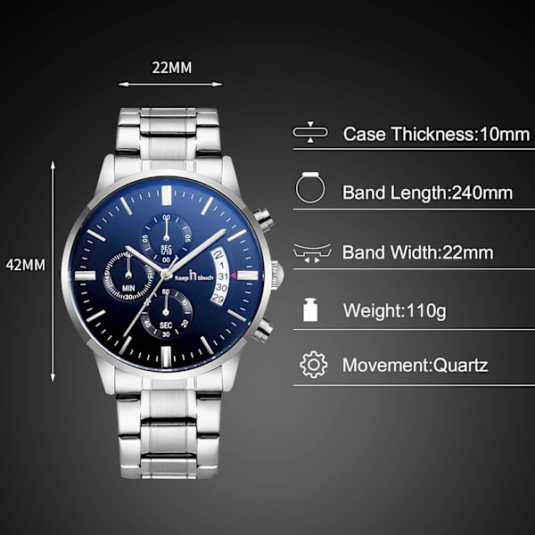 Mænd Analog Kvarts Forretningsure Lysende Vandafvisende Armbåndsur Dato Kalender Ur Chronograph Rustfrit Stål Rem Ur Sølv Sort Silver black