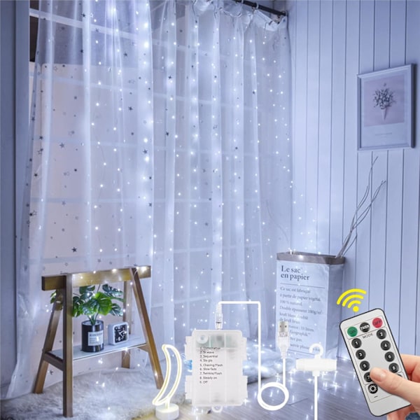 3x3m LED-Gardinslinga, USB/Batteri, Fjärrkontroll, 8 Ljuslägen, Vattentät, Bröllop/Juldekoration USB+Battery Powered（White）