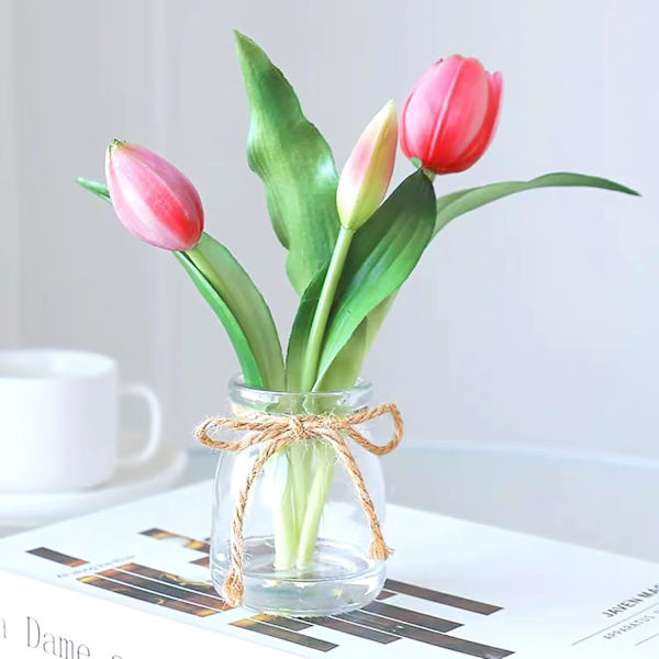 Ægte Touch Pink Tulipaner i Glasvase med Kunstig Vand, Lille Blomsterarrangement til Hjemmedekor Dark Pink
