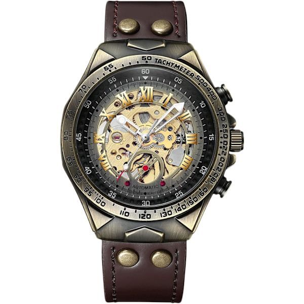 Automatisk Mekanisk Herre-ur Luminous Vandafvisende Armbåndsur Steampunk Skelet Dial Herre-ur Vintage Læderrem Ur Brun Sort Brownish black