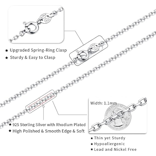 925 Sterling Silver kedja 1,1 mm kabelkedja Halsband Uppgraderat fjäderringspänne - italiensk halsbandskedja - tunn och robust 16/18/20/22/24 tum