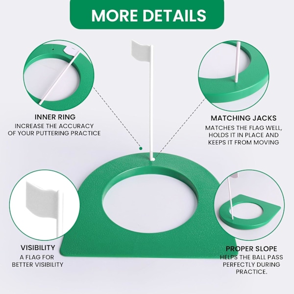 Golf-puttauskuppi ja lippu, harjoitusreikä, sisä- ja ulkokäyttöön, miesten ja naisten harjoitteluun 3 Pcs Green Cup with White Flag