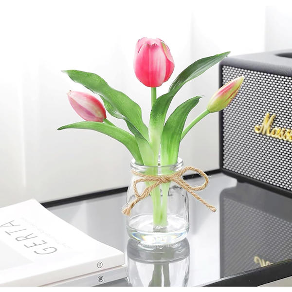 Ægte Touch Pink Tulipaner i Glasvase med Kunstig Vand, Lille Blomsterarrangement til Hjemmedekor Dark Pink