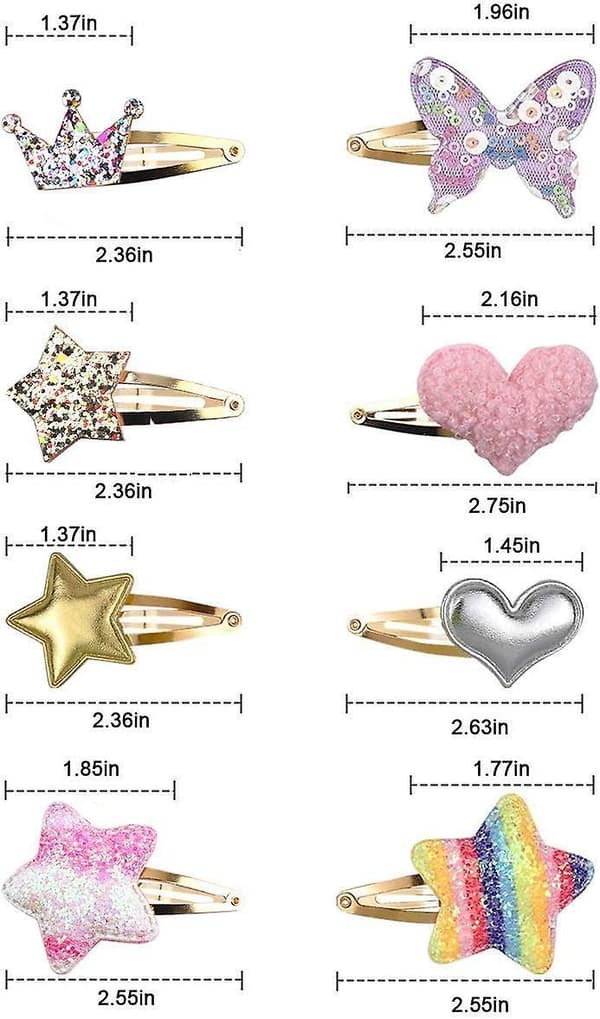 Glitter metal hårspænder til piger - 16 stk., stjerne/krone/hjerte/sommerfuglformede - Kawaii tilbehør_max