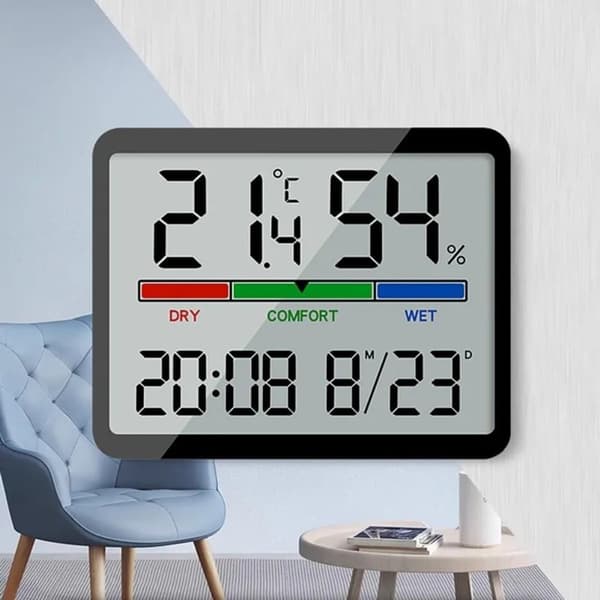 Digital hygrometertermometer med stor LCD-klockdisplay, fuktighetsmätare för sovrum, vardagsrum och kontor, 9 x 7,3 x 1,7 cm
