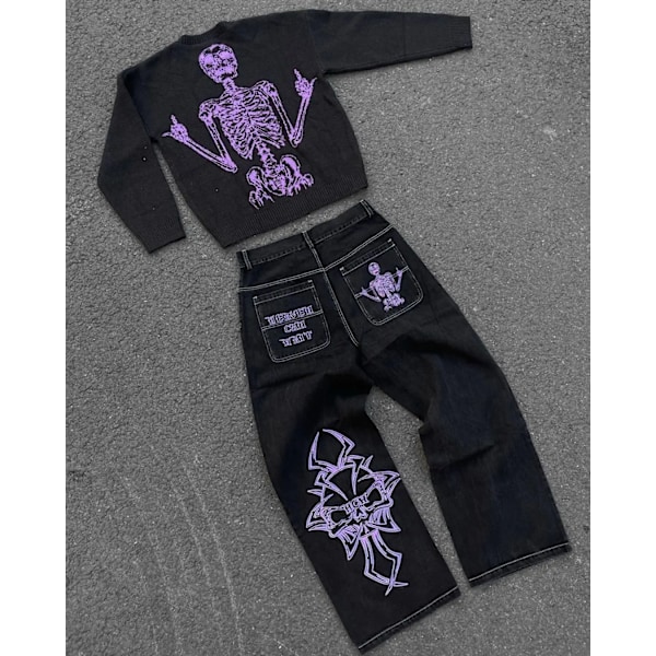 Y2k Jeans Mænd Hip Hop Retro Skull Broderi Vasket Baggy Denim Bukser Nye Lige Casual Løs Bred Ben Bukser Streetwear 3 S