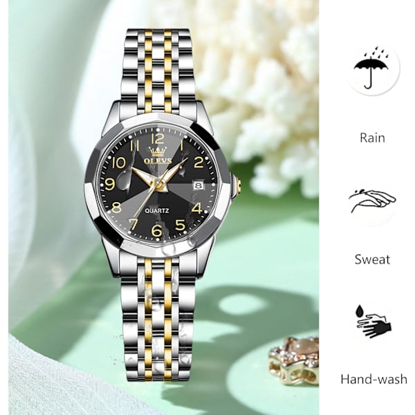Damklassisk Armbandsur i Rostfritt Stål Elegant Analog Kvartsur Damklocka Vattentät Klocka Luminous Datum Kalender Klocka Svart Black