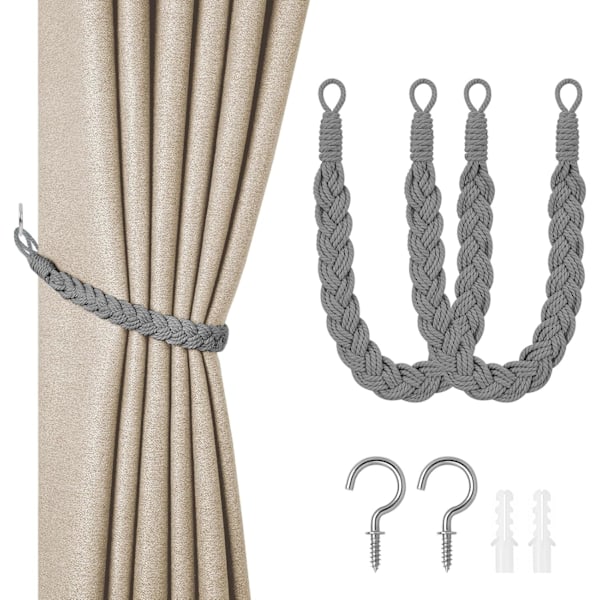 Bomulstogrebånd til gardiner, 4-pak håndstrikket gardinholdere, sort Grey-2 pcs