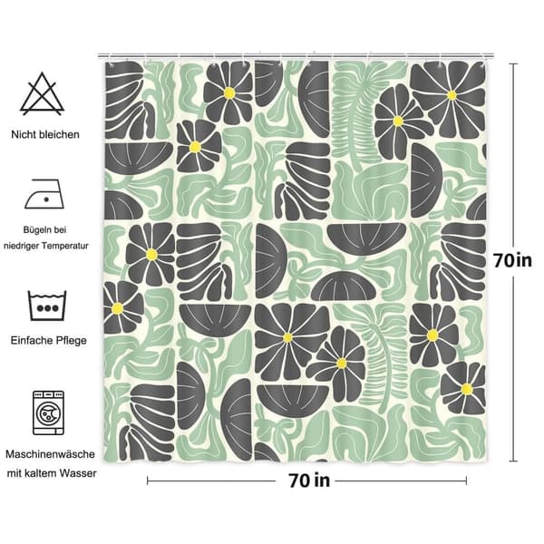 Lollanda Boho Duschdraperi, 180x180 cm, Abstrakt Blommig, Vattentätt Polyester Duschdraperi med 12 Krokar, Modern Digitaltrycksdesign E