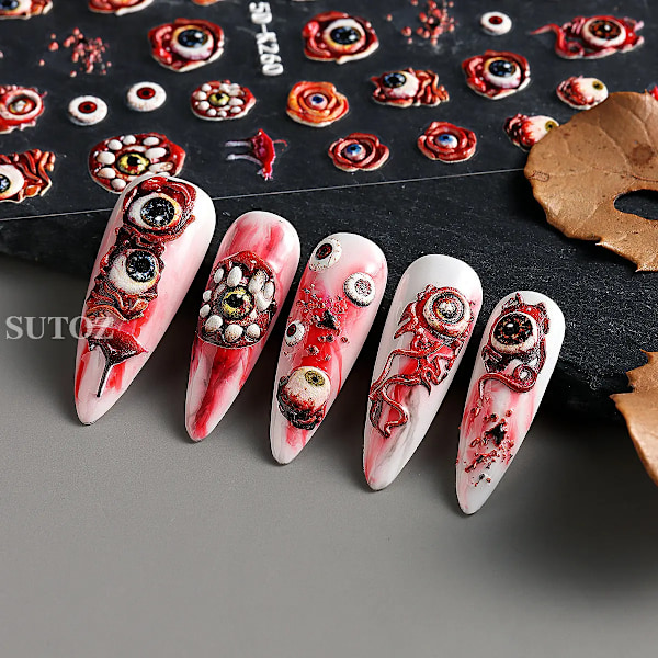 5D Punainen Paha Silmä Tarra Kynsi Tarra Kohokuvioitu Halloween Koristelu Veri Hämähäkki Design Tuhansinjalka Skorpioni Manikyyri Liukusäädin LEB5D-K257 SO-234 Black Red