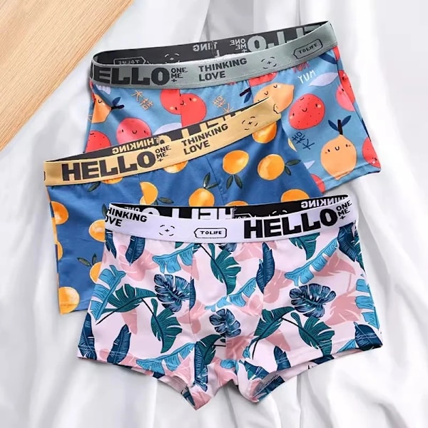 3 kpl Miesten Boxer Shorts Alusvaatteet Puuvilla Boxer Miesten Cartoon Hedelmä Kalsongit Hengittävä Kosteutta Poistava Miesten Boxers JuGanYe XL 60-70KG