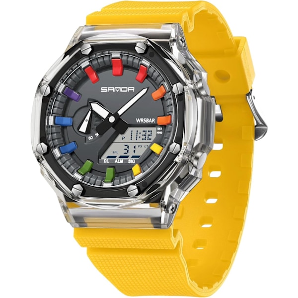 Modeherrklockor Multifunktionella Elektroniska Armbandsur 50m Vattentäta Klockor Digital Analog Kvartsur Trendiga Dubbla Skärmar Herrklockor Gul Yellow