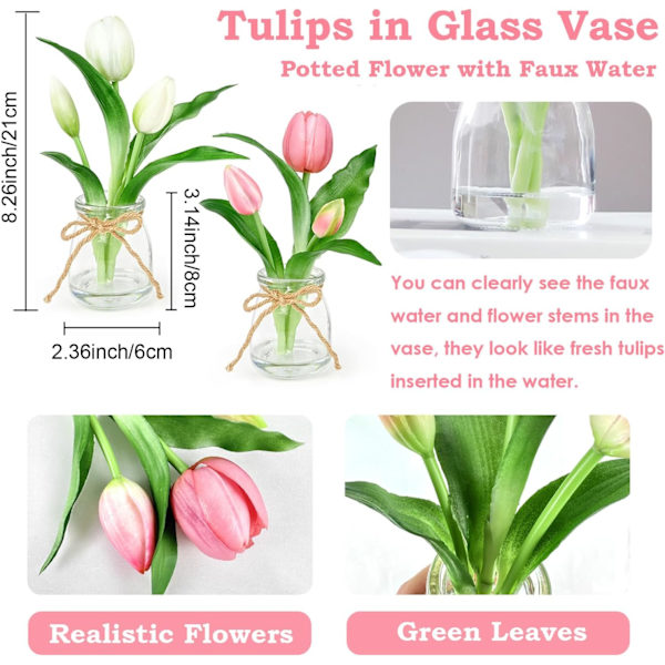 2 Pakke Ægte Touch Tulipaner i Glasvase med Kunstig Vand, Blomsterarrangementer til Borddekoration White+pink
