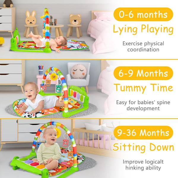 Baby Piano Gymmatta, Musikalisk Lekmatta med Ljus & Avtagbara Leksaker, Dinosaurie Design animal
