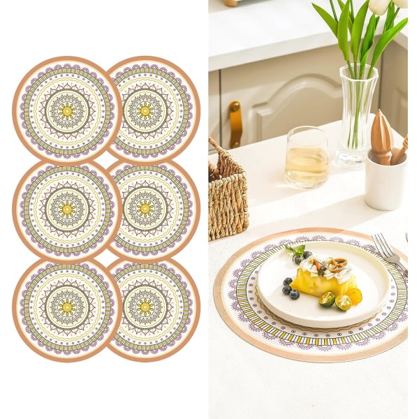 CQBB Bohemian Print Runda Mandala Bordstabletter PVC Set med 6 bordstabletter Tvättbar Värmebeständig halkfri bordsmatta för kök(B)