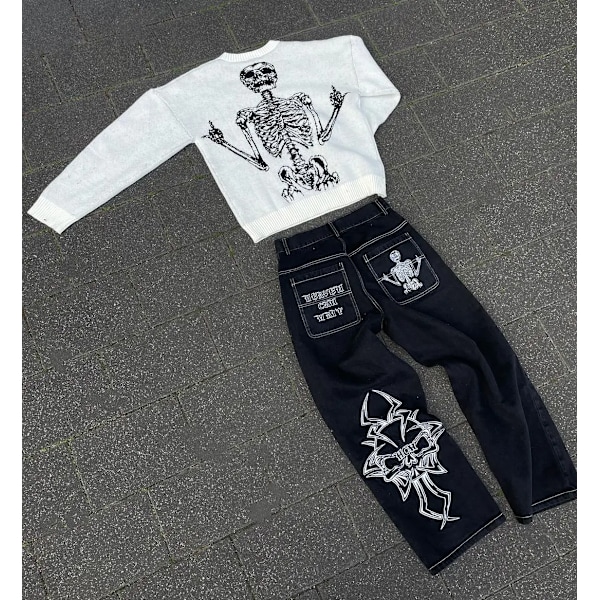 Y2k Jeans Mænd Hip Hop Retro Skull Broderi Vasket Baggy Denim Bukser Nye Lige Casual Løs Bred Ben Bukser Streetwear 2 XL