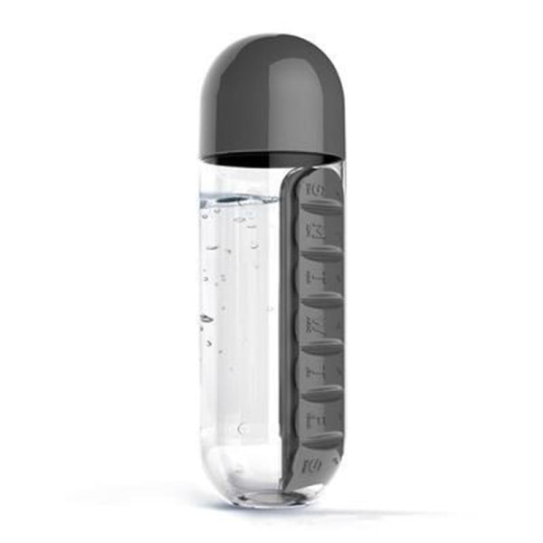 Fri resefri 7-dagars pillerkopp 2-i-1 vattenflaska 600ml med pillerbox arrangör reseanvändning svart