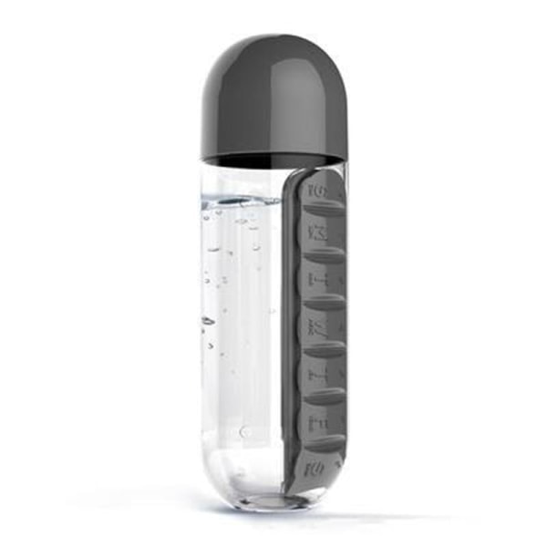 Gratis rejse 7-dages pillekop 2-i-1 vandflaske 600ml med pilleæske arrangør rejse brug sort