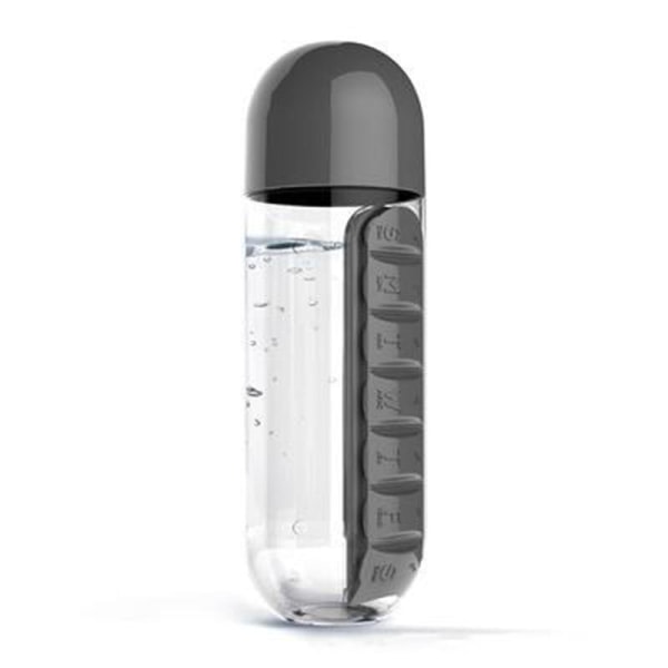 Gratis resa 7-dagars pillerkopp 2-i-1 vattenflaska 600 ml med pillerlåda Organizer Reseanvändning Svart