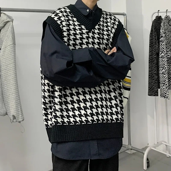 Mäns Stickad Väst Vår Höst Stil Sensibility Niche American Vintage Tröja Tröja Ärmlös Väst Casual Scen Tillämplig svart L