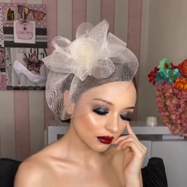 JM02 Hvit Svart Brud Fascinator Fuglebur Slør Bryllupshatt Kort Brudeslør Sjarmerende Kvelds Blusher Slør Brudehodeplagg White