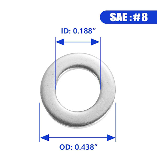 #8 x 0,438\" OD Flatpakninger - 100 stk 18-8 (304) Rustfritt Stål Flatpakninger Silver #8/304