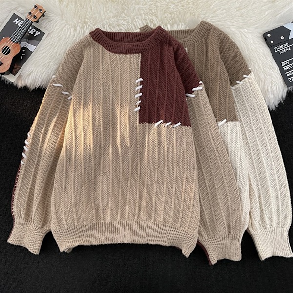 Kaffe Brun Stitching Trøje Mænds Efterår Og Vinter Nye Amerikanske Vintage Trøje Trendy Pullover Crew Hals Rock Mænds Tøj Aprikos XXL