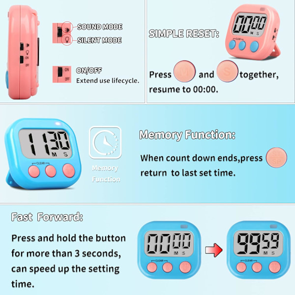 2-pak Digitale Køkken Timere til Børn, Lærere, Madlavning - Stor Magnetisk, Blå/Pink Blue Pink 1