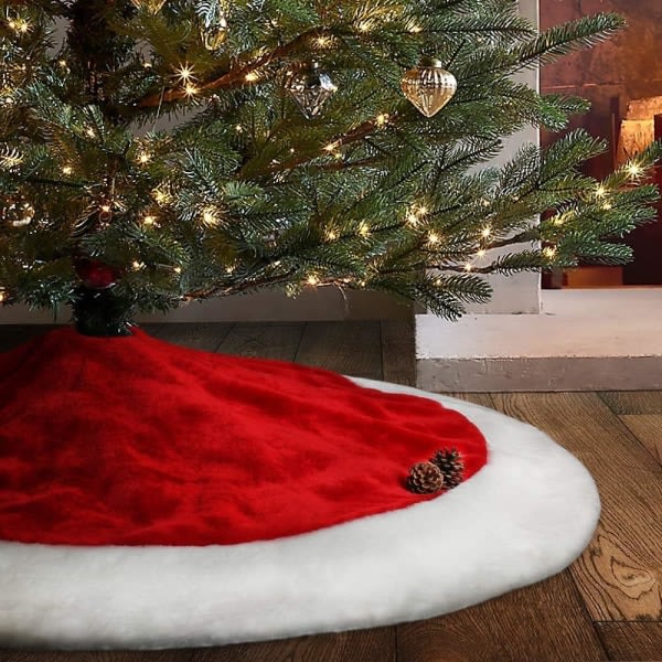 CQBB Julgranskjol, 48" stor sammetsröd & vit trädkjol för dekorationer för fest och semester, tvättbar